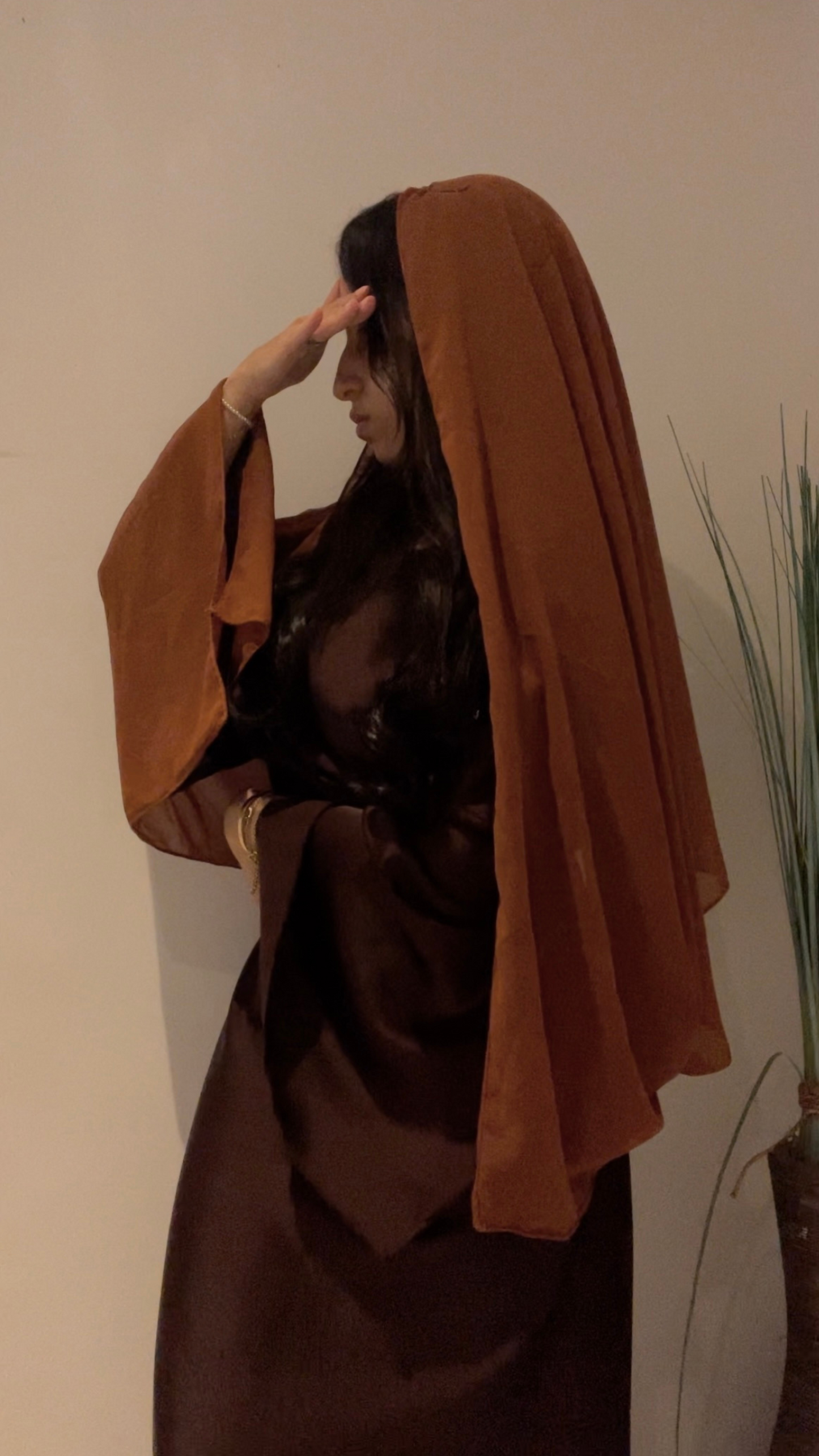 DIAMANT - Robe en Satin Marron à Manches Longues