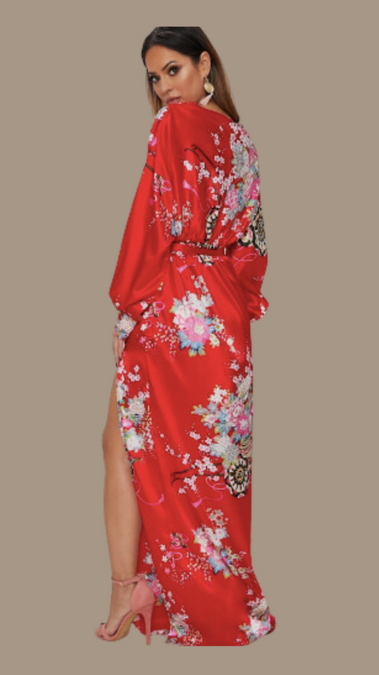 SAKURA - Robe Longue Floral Impérial en Satin