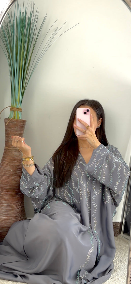 CRYSTAL - ABAYA STRASS GRIS AVEC FOULARD