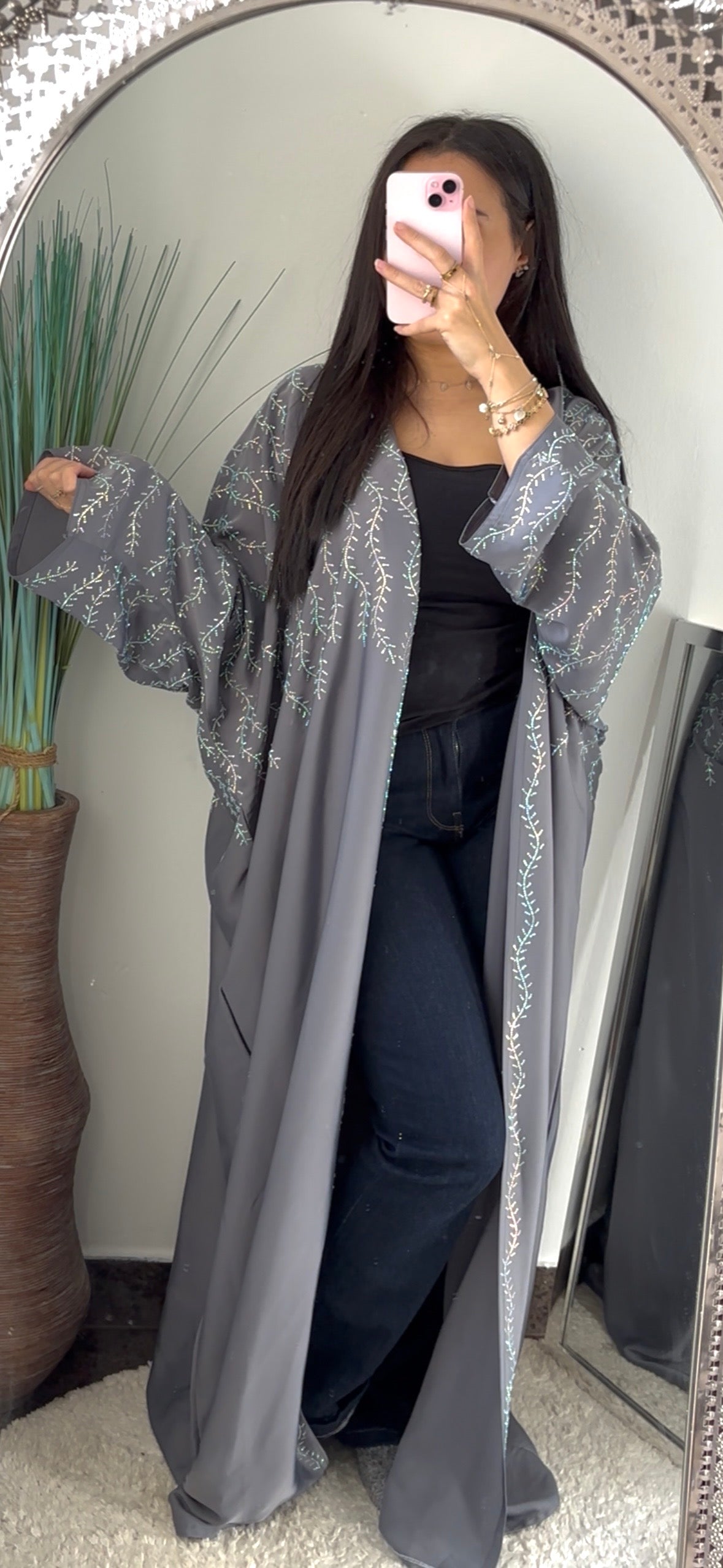 CRYSTAL - ABAYA STRASS GRIS AVEC FOULARD